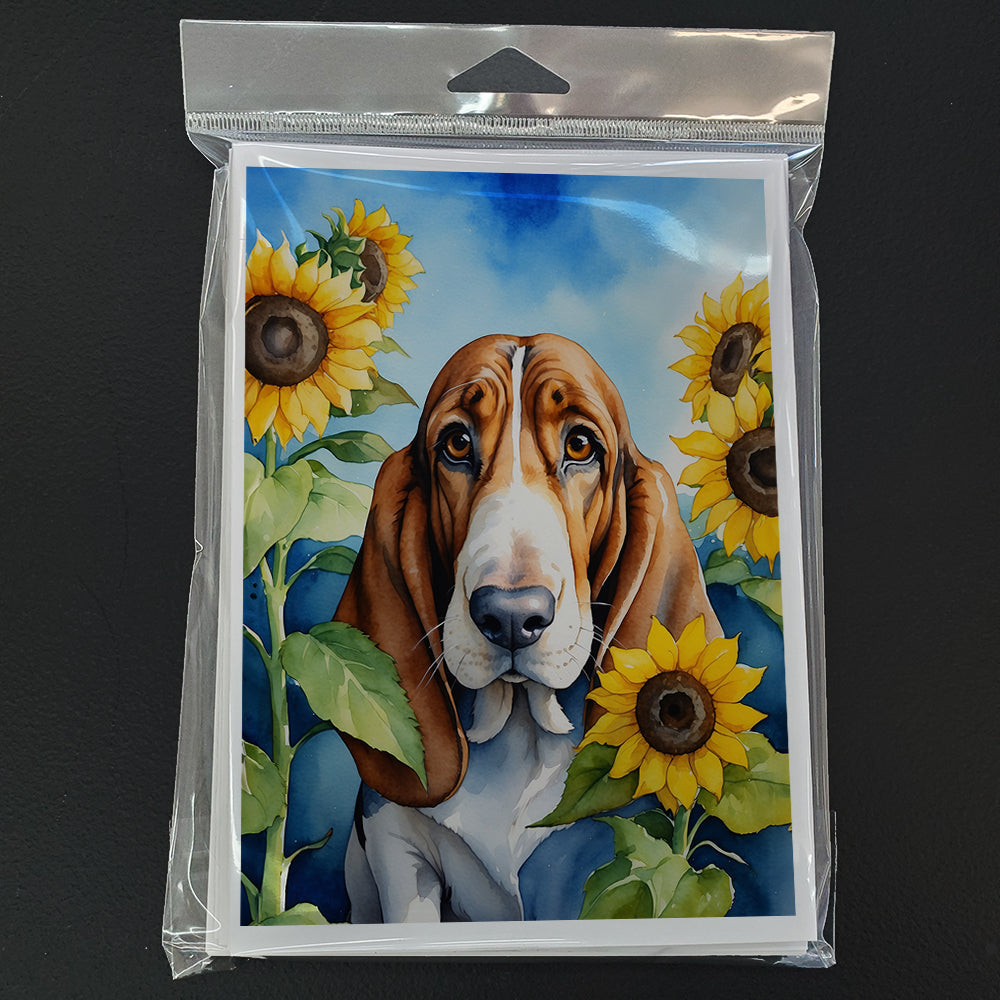 Basset Hound in Sunflowers Greeting Cards Pack of 8 Blank Cards with Envelopes Whimsical A7 Size 5x7