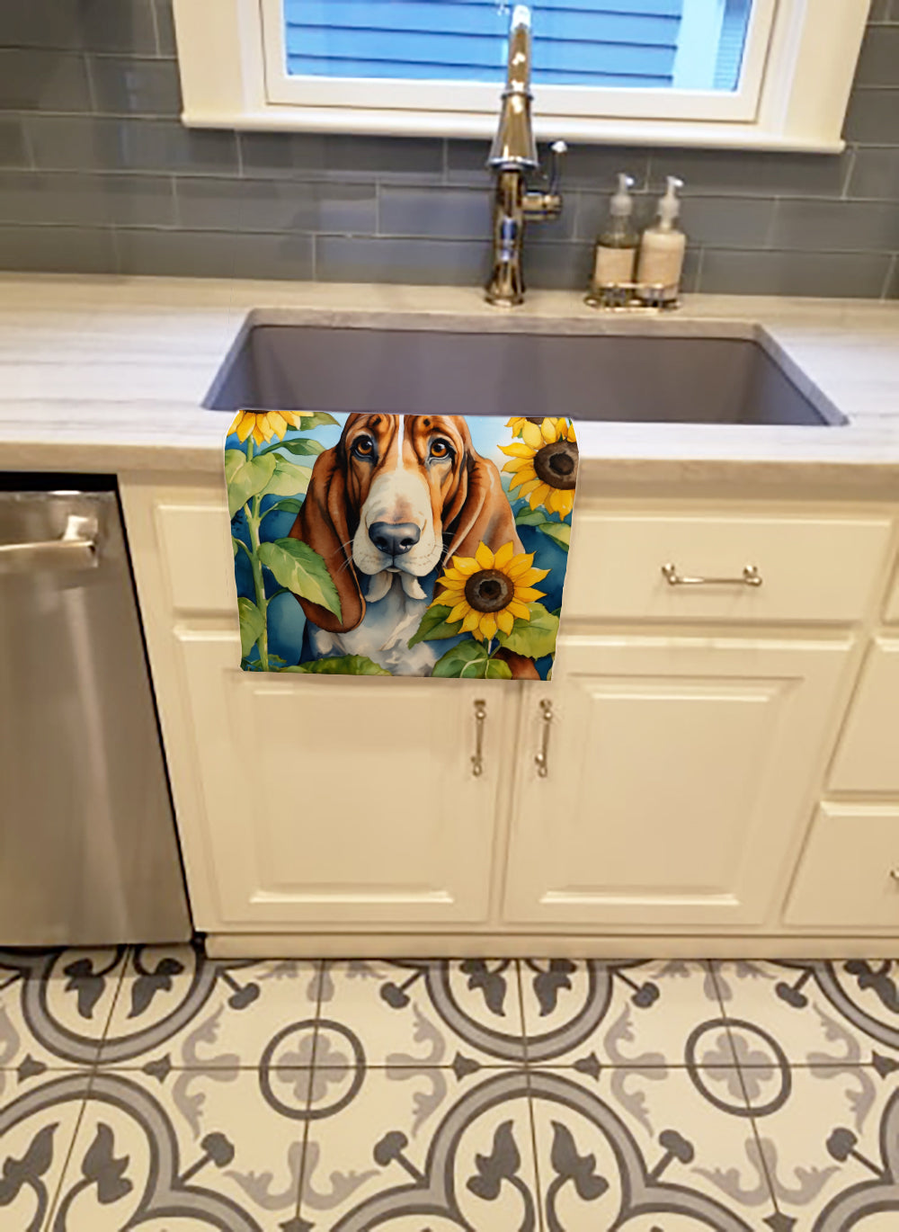 Basset Hound in Sunflowers Kitchen Towel Velour Plush Front and Cotton Loop Back Machine Washable