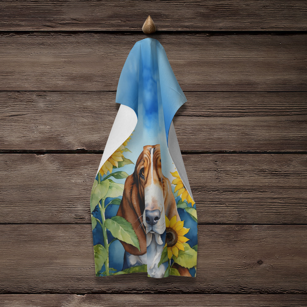 Basset Hound in Sunflowers Kitchen Towel Velour Plush Front and Cotton Loop Back Machine Washable