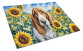 Basset Hound in Sunflowers Cutting Board Tempered Glass Kitchen Cutting Surface, Heat Resistant Chopping Board with Non-Slip Feet, Decorative Food Prep & Serving