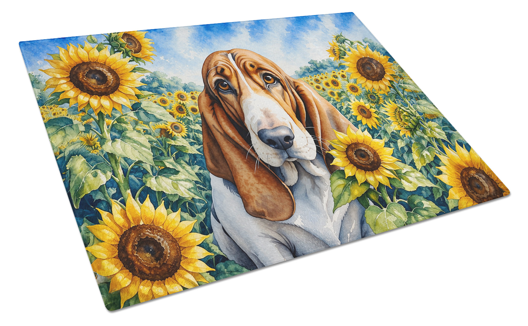 Basset Hound in Sunflowers Cutting Board Tempered Glass Kitchen Cutting Surface, Heat Resistant Chopping Board with Non-Slip Feet, Decorative Food Prep & Serving