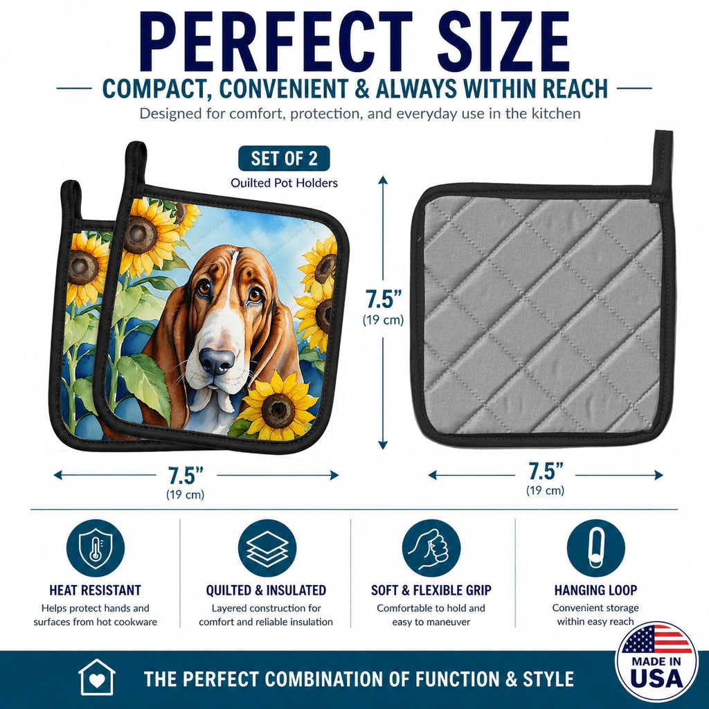 Basset Hound in Sunflowers Pot Holder Set of 2 Heat Resistant Quilted Hot Pads 7.5 x 7.5 Inch, Insulated Kitchen Trivets for Cooking & Baking