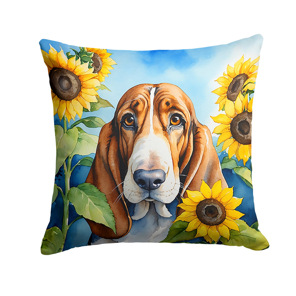 Basset Hound in Sunflowers Decorative Throw Pillow 14x14 Indoor Outdoor Accent Cushion, Fabric Cover with Insert for Sofa, Bed, Porch & Living Room