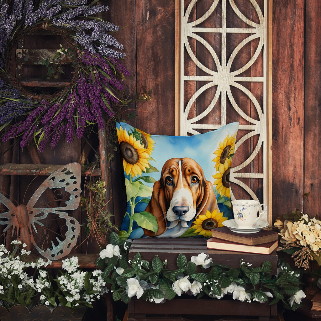 Basset Hound in Sunflowers Decorative Throw Pillow 14x14 Indoor Outdoor Accent Cushion, Fabric Cover with Insert for Sofa, Bed, Porch & Living Room