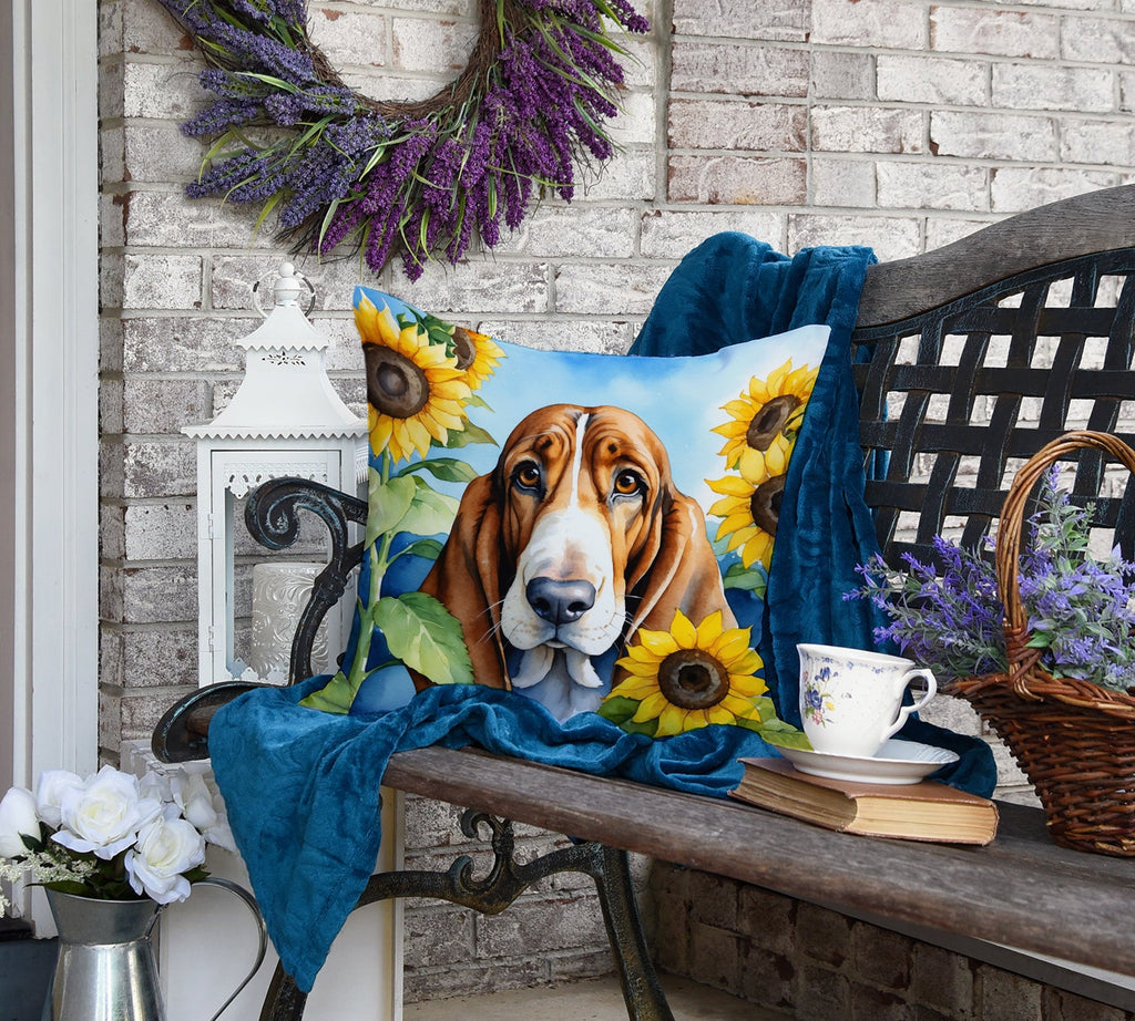 Basset Hound in Sunflowers Decorative Throw Pillow 18x18 Indoor Outdoor Accent Cushion, Fabric Cover with Insert for Sofa, Bed, Porch & Living Room