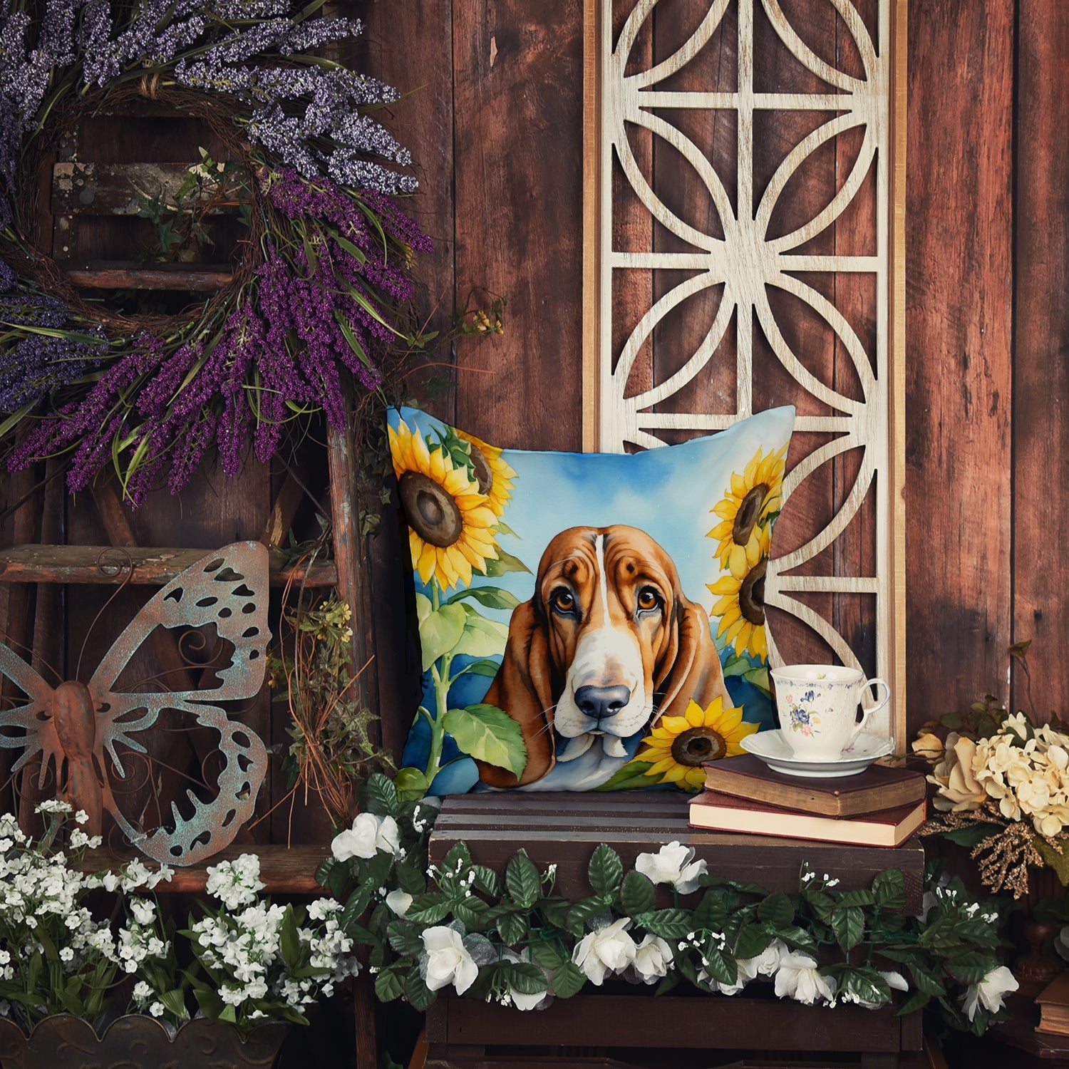 Basset Hound in Sunflowers Decorative Throw Pillow 18x18 Indoor Outdoor Accent Cushion, Fabric Cover with Insert for Sofa, Bed, Porch & Living Room