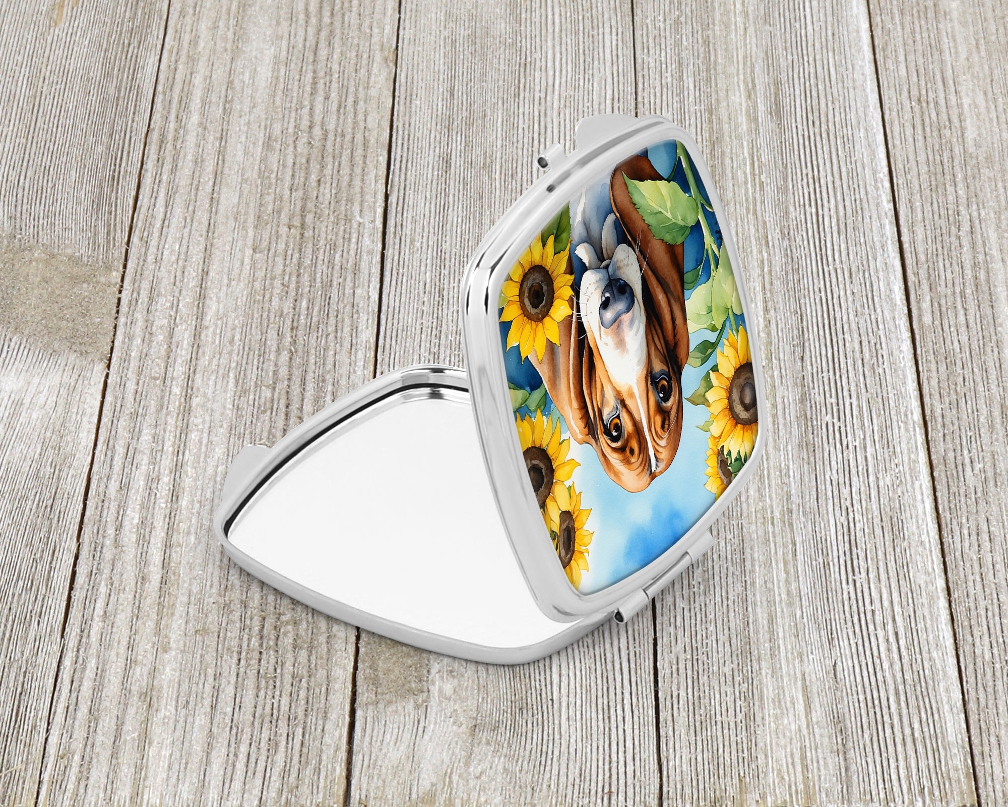 Basset Hound in Sunflowers Compact Mirror Decorative Travel Makeup Mirror for Women Girls Gifts Pocket Makeup Mirror Folding Handheld