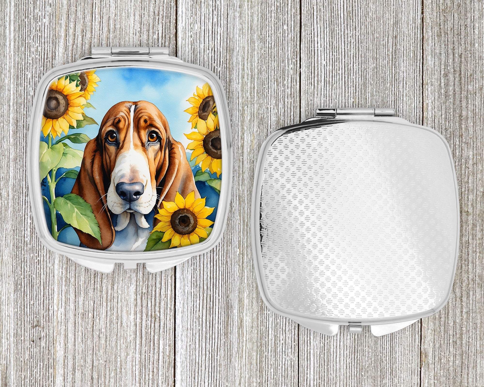 Basset Hound in Sunflowers Compact Mirror Decorative Travel Makeup Mirror for Women Girls Gifts Pocket Makeup Mirror Folding Handheld
