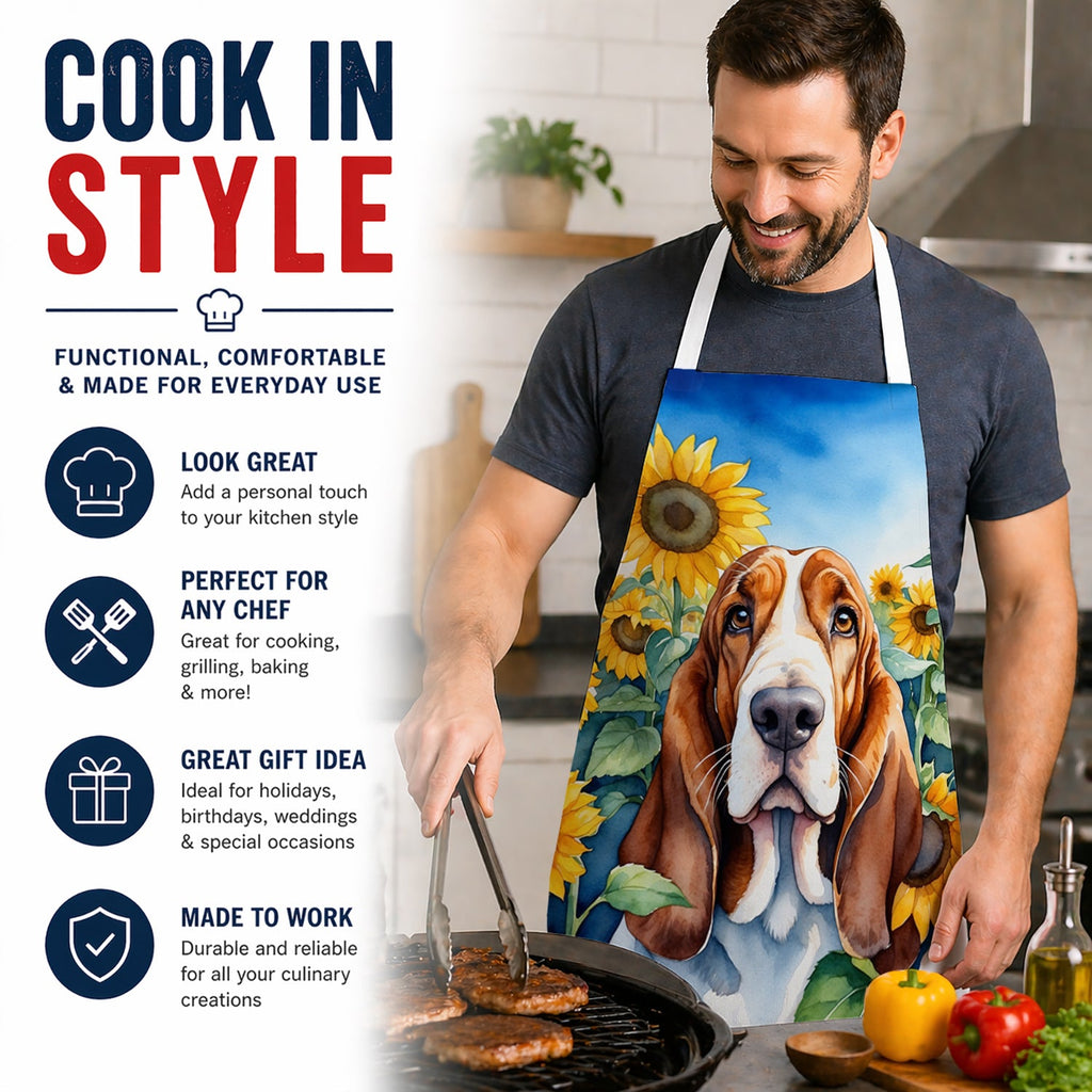 Basset Hound in Sunflowers Apron Cooking Kitchen Server Baking Crafts Gardening for Adult Women Men, Unisex, Large, Multicolor