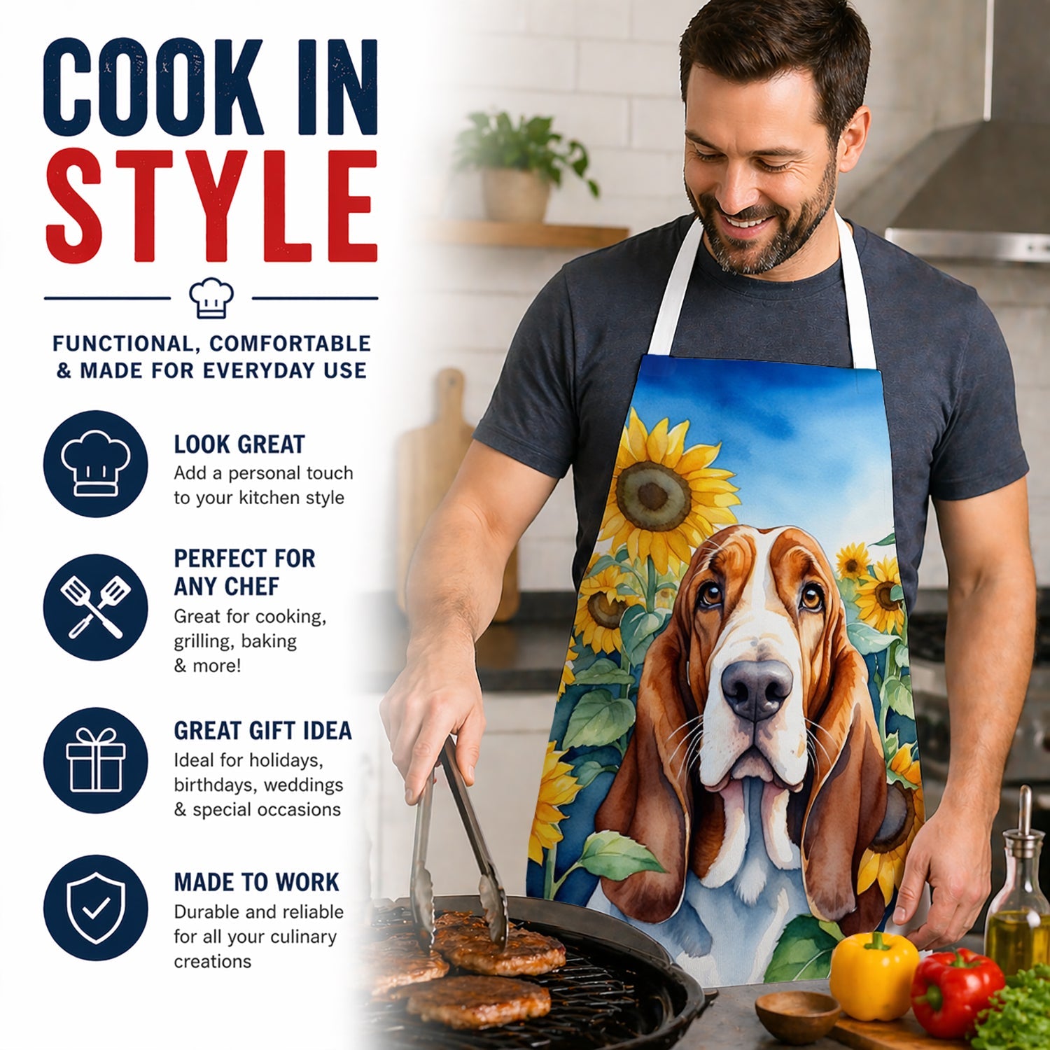 Basset Hound in Sunflowers Apron Cooking Kitchen Server Baking Crafts Gardening for Adult Women Men, Unisex, Large, Multicolor