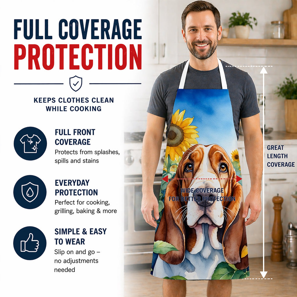 Basset Hound in Sunflowers Apron Cooking Kitchen Server Baking Crafts Gardening for Adult Women Men, Unisex, Large, Multicolor