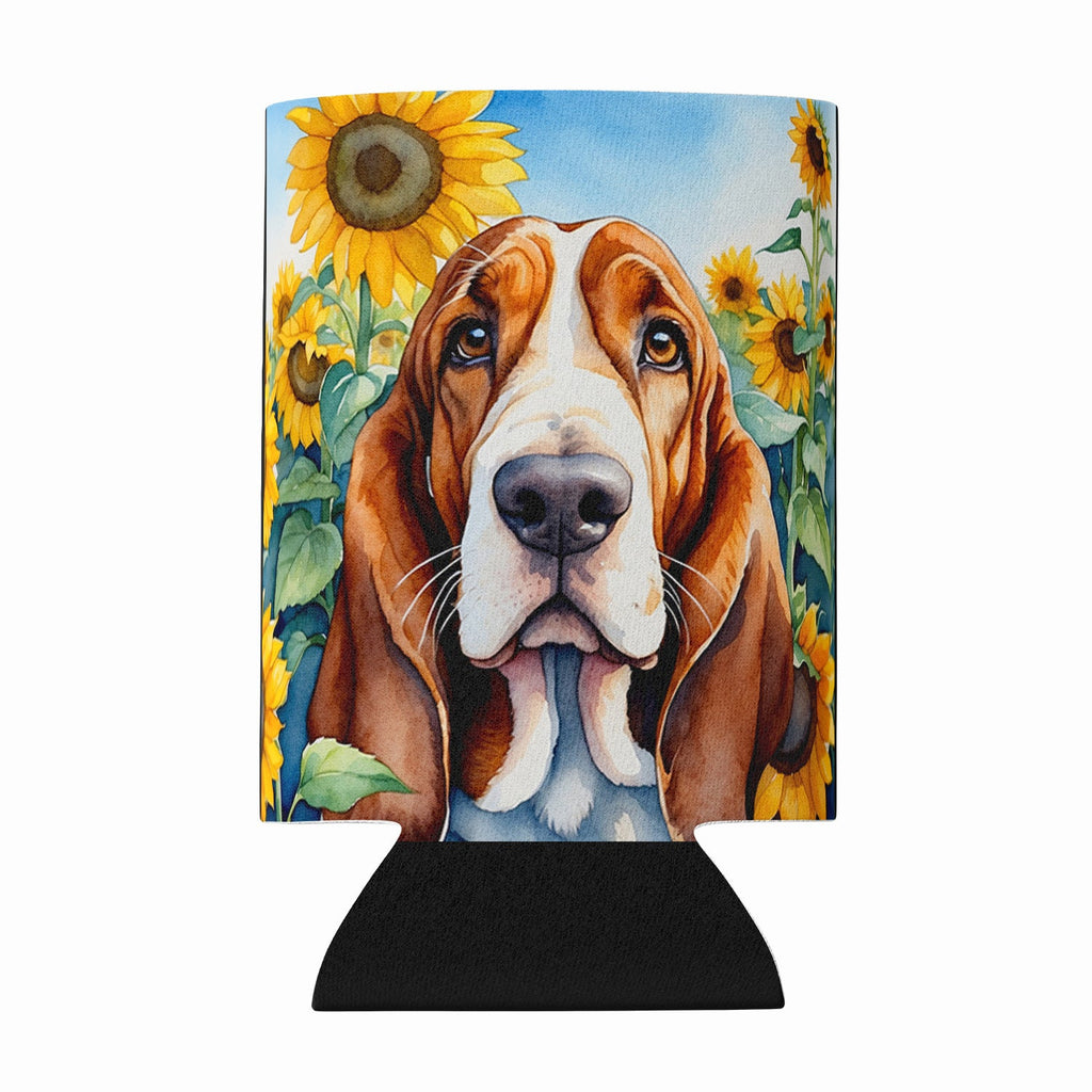 Basset Hound in Sunflowers Can or Bottle Hugger Cooler Sleeve for Standard 12 oz Cans, Insulated Foam Beer & Soda Can Hugger Reusable
