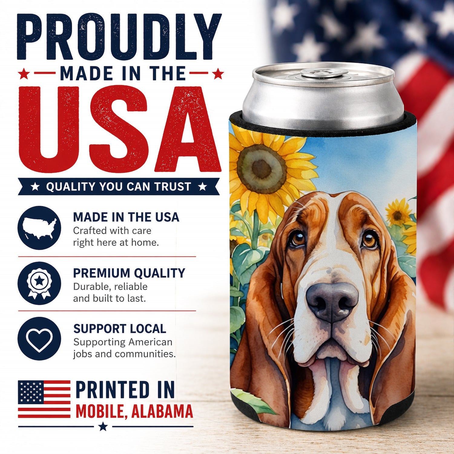 Basset Hound in Sunflowers Can or Bottle Hugger Cooler Sleeve for Standard 12 oz Cans, Insulated Foam Beer & Soda Can Hugger Reusable