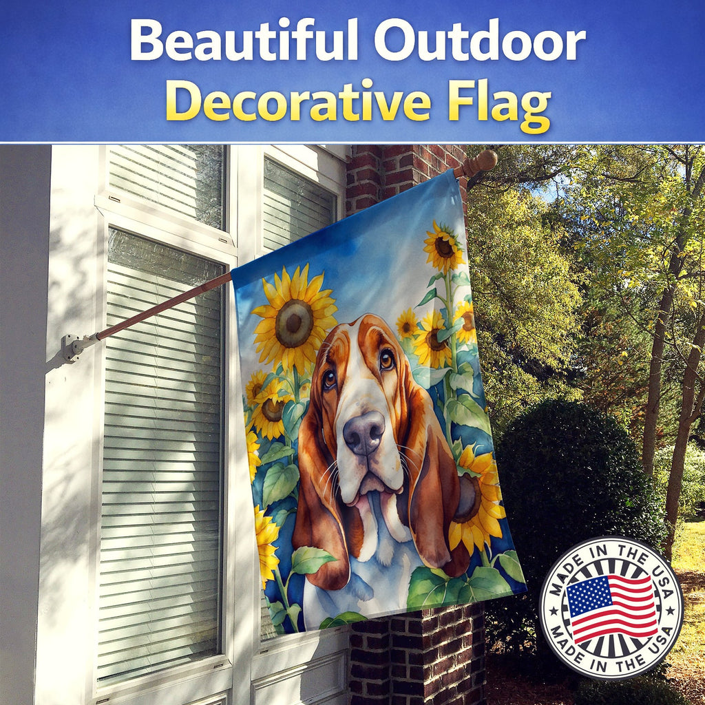 Basset Hound in Sunflowers House Flag 28x40 Porch Sleeve Pole Decorative Outside Yard Banner Artwork Wall Hanging, Polyester