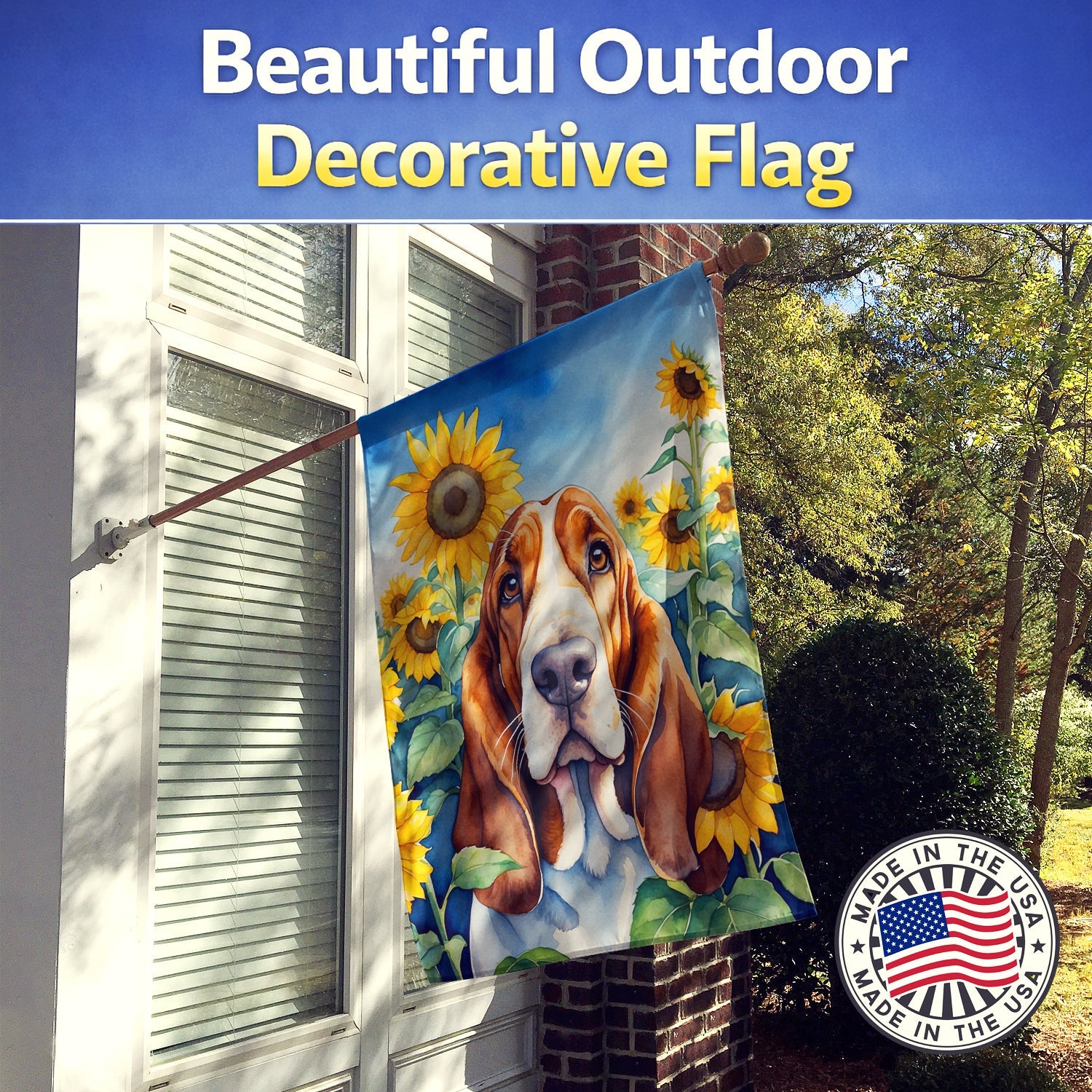 Basset Hound in Sunflowers House Flag 28x40 Porch Sleeve Pole Decorative Outside Yard Banner Artwork Wall Hanging, Polyester