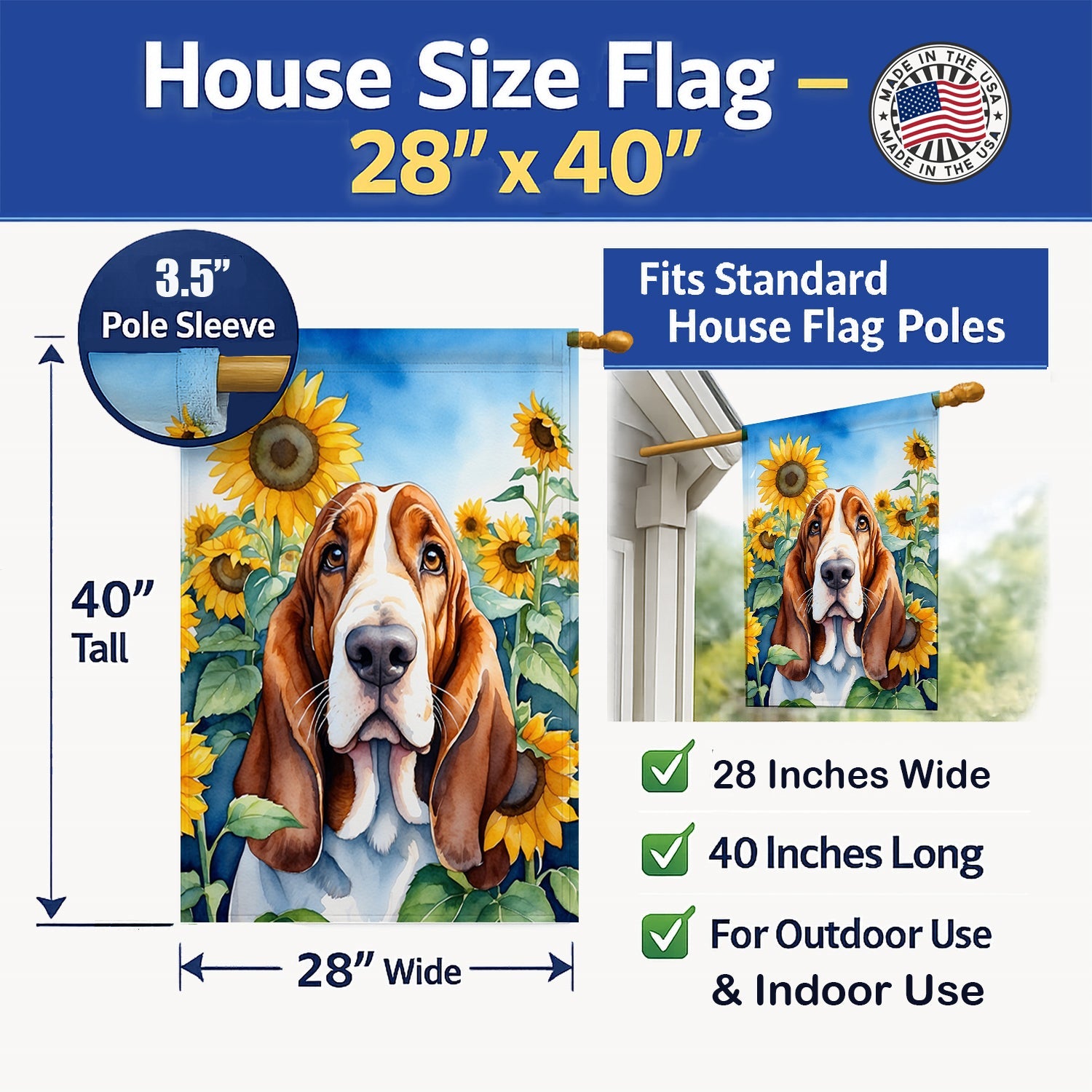 Basset Hound in Sunflowers House Flag 28x40 Porch Sleeve Pole Decorative Outside Yard Banner Artwork Wall Hanging, Polyester