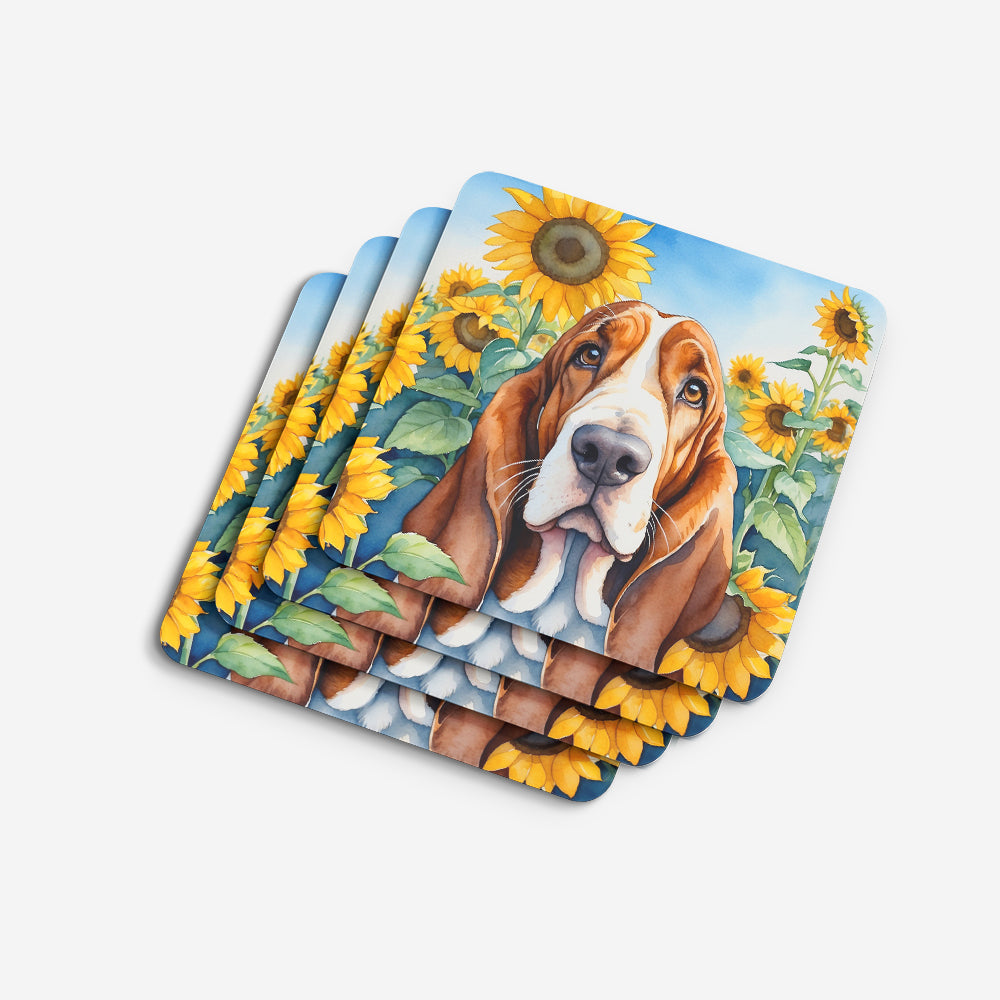 Basset Hound in Sunflowers Foam Coasters Set of 4 Cup Coasters for Indoor Outdoor, Tabletop Protection, Anti Slip, Mouse pad Material