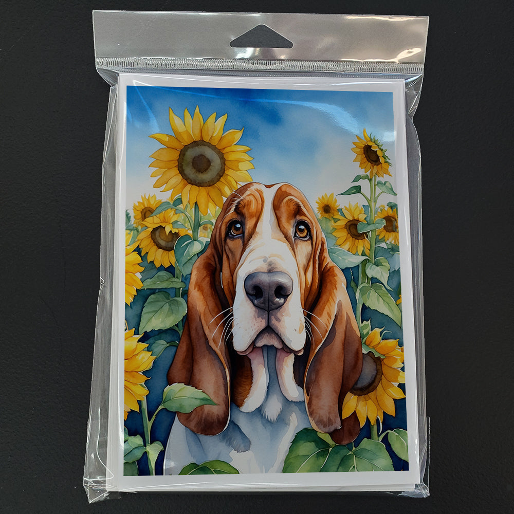 Basset Hound in Sunflowers Greeting Cards Pack of 8 Blank Cards with Envelopes Whimsical A7 Size 5x7