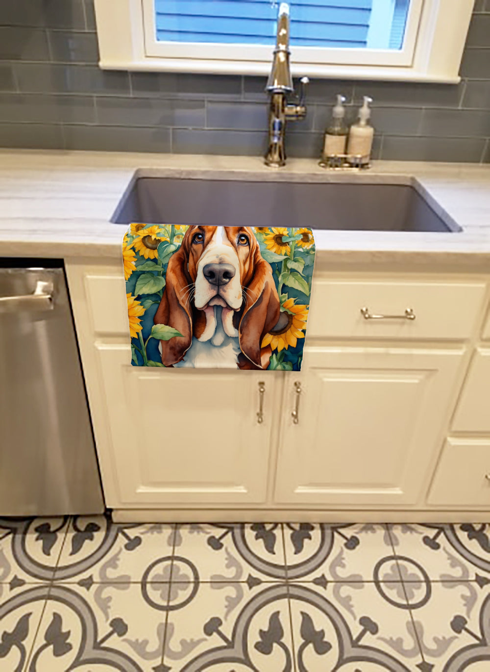 Basset Hound in Sunflowers Kitchen Towel Velour Plush Front and Cotton Loop Back Machine Washable