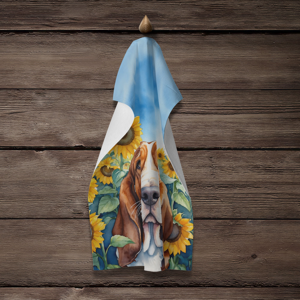 Basset Hound in Sunflowers Kitchen Towel Velour Plush Front and Cotton Loop Back Machine Washable