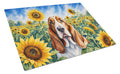 Basset Hound in Sunflowers Cutting Board Tempered Glass Kitchen Cutting Surface, Heat Resistant Chopping Board with Non-Slip Feet, Decorative Food Prep & Serving
