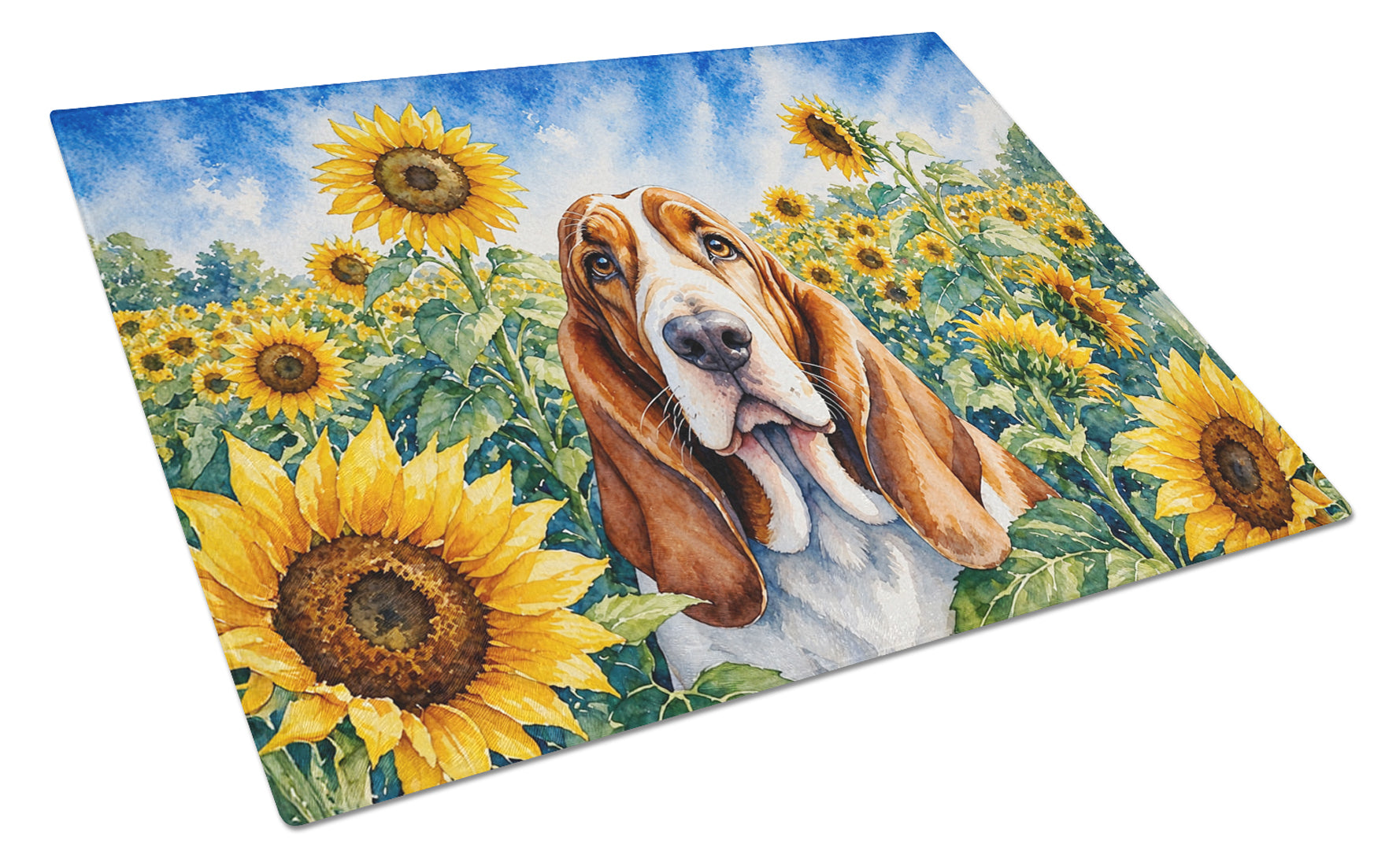 Basset Hound in Sunflowers Cutting Board Tempered Glass Kitchen Cutting Surface, Heat Resistant Chopping Board with Non-Slip Feet, Decorative Food Prep & Serving