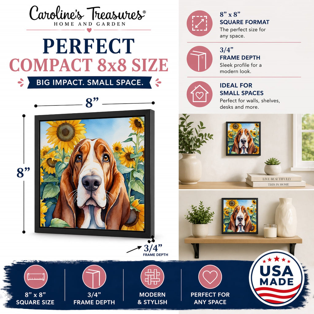 Basset Hound in Sunflowers Framed Metal Print Bathroom, Kitchen, Office, Home Decor Wall Art Ready to Hang, Square, 8X8