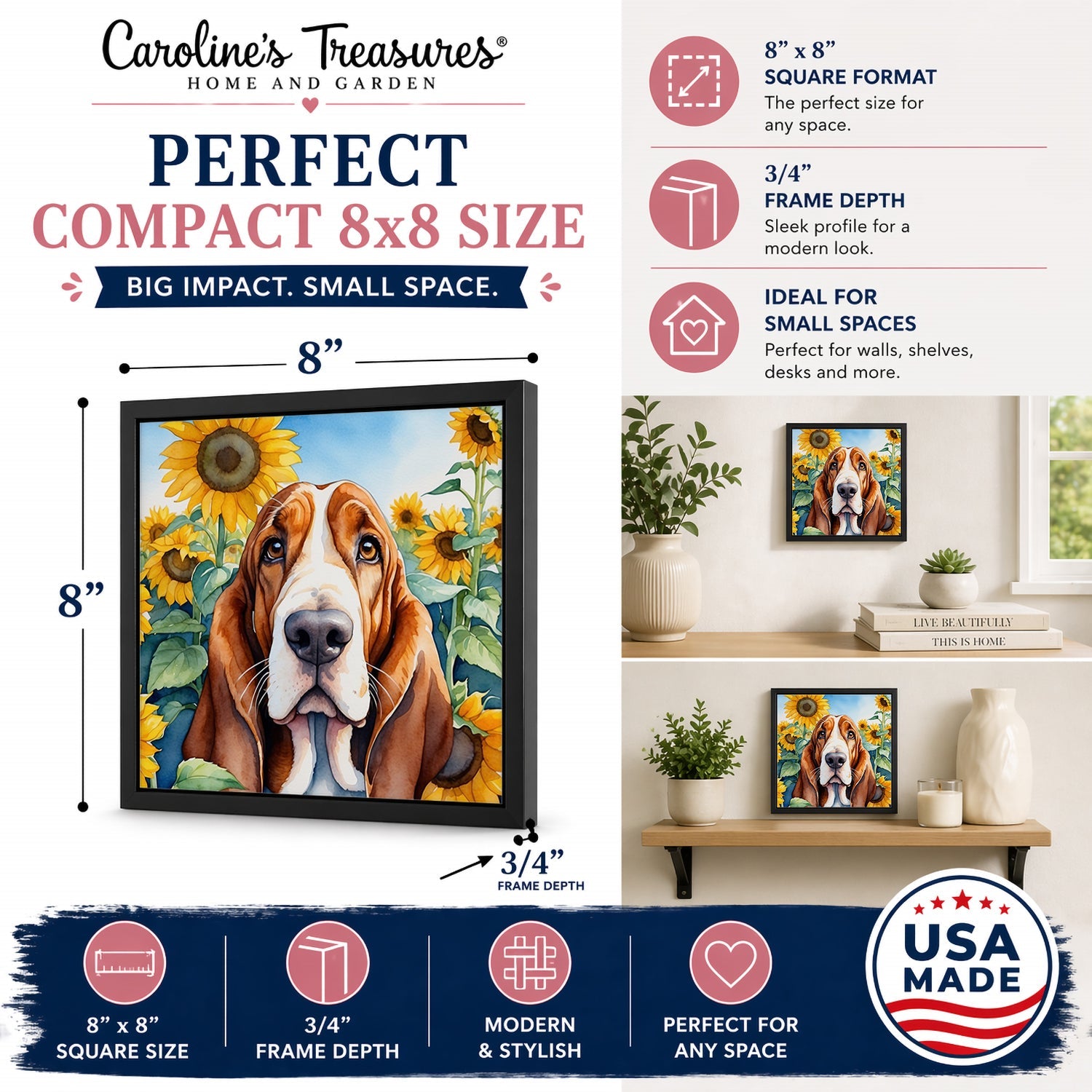 Basset Hound in Sunflowers Framed Metal Print Bathroom, Kitchen, Office, Home Decor Wall Art Ready to Hang, Square, 8X8