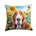 Basset Hound in Sunflowers Decorative Throw Pillow 14x14 Indoor Outdoor Accent Cushion, Fabric Cover with Insert for Sofa, Bed, Porch & Living Room