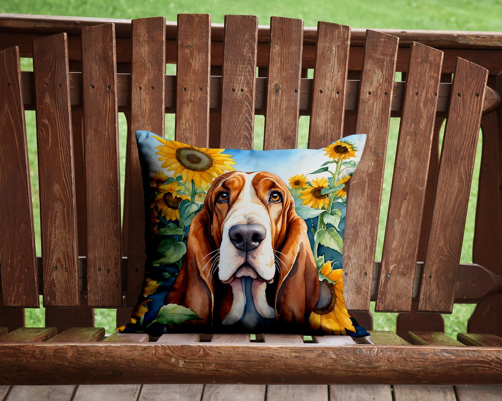 Basset Hound in Sunflowers Decorative Throw Pillow 14x14 Indoor Outdoor Accent Cushion, Fabric Cover with Insert for Sofa, Bed, Porch & Living Room