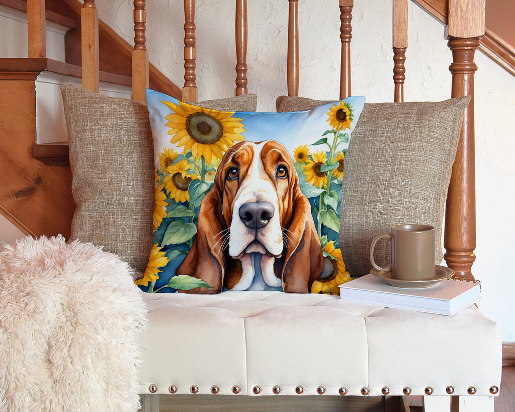 Basset Hound in Sunflowers Decorative Throw Pillow 14x14 Indoor Outdoor Accent Cushion, Fabric Cover with Insert for Sofa, Bed, Porch & Living Room