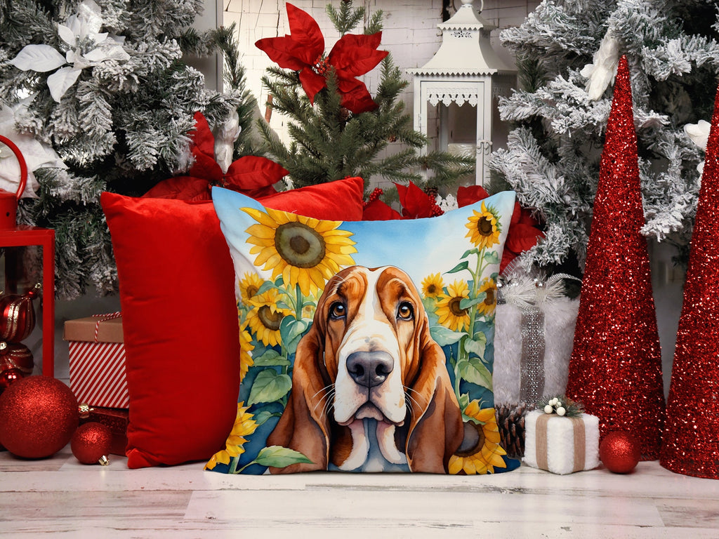 Basset Hound in Sunflowers Decorative Throw Pillow 14x14 Indoor Outdoor Accent Cushion, Fabric Cover with Insert for Sofa, Bed, Porch & Living Room