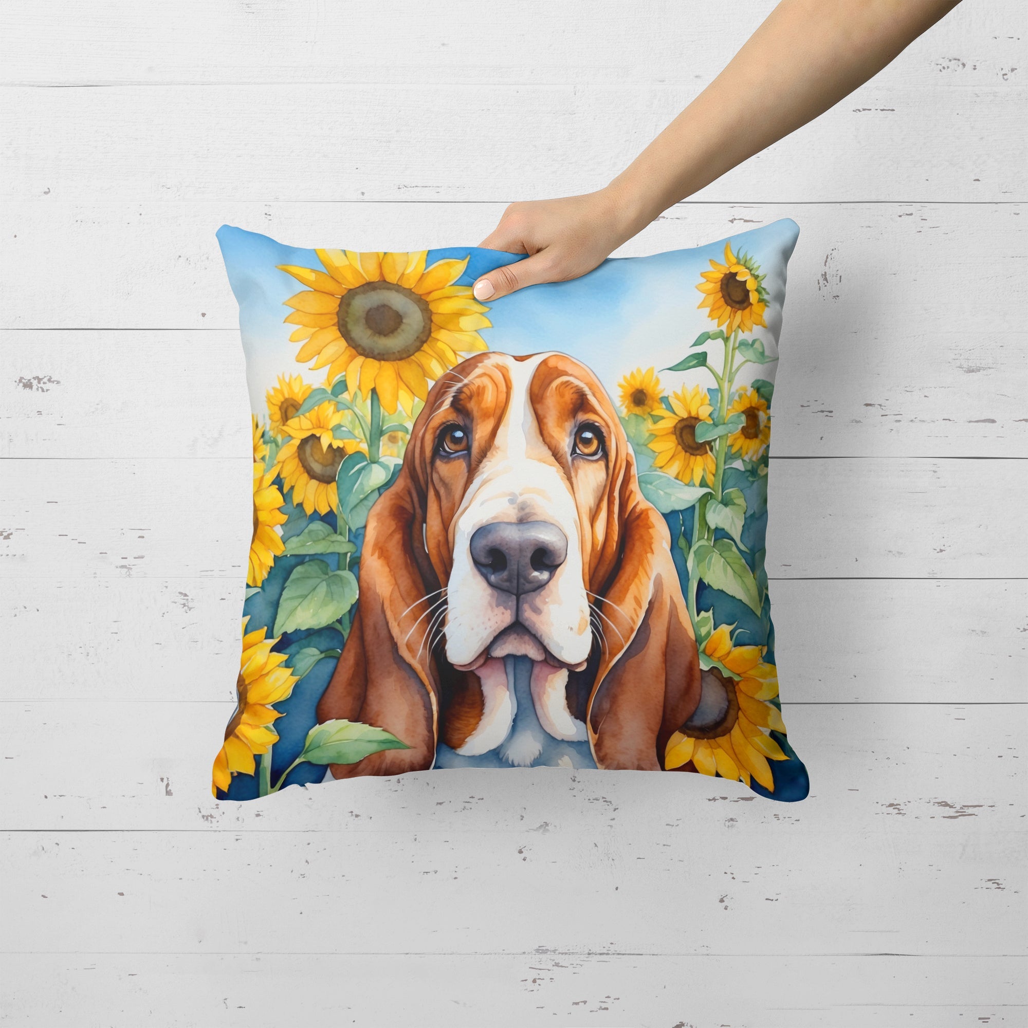 Basset Hound in Sunflowers Decorative Throw Pillow 18x18 Indoor Outdoor Accent Cushion, Fabric Cover with Insert for Sofa, Bed, Porch & Living Room