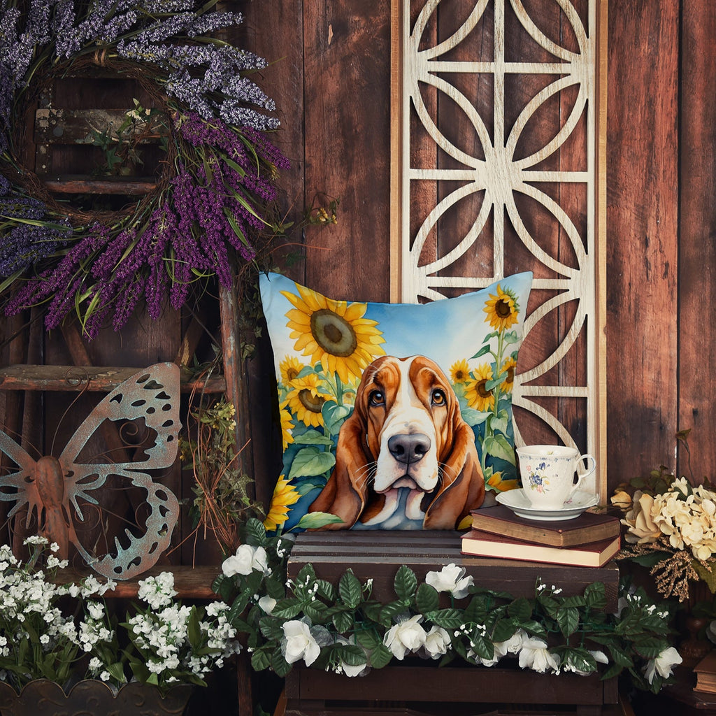 Basset Hound in Sunflowers Decorative Throw Pillow 18x18 Indoor Outdoor Accent Cushion, Fabric Cover with Insert for Sofa, Bed, Porch & Living Room