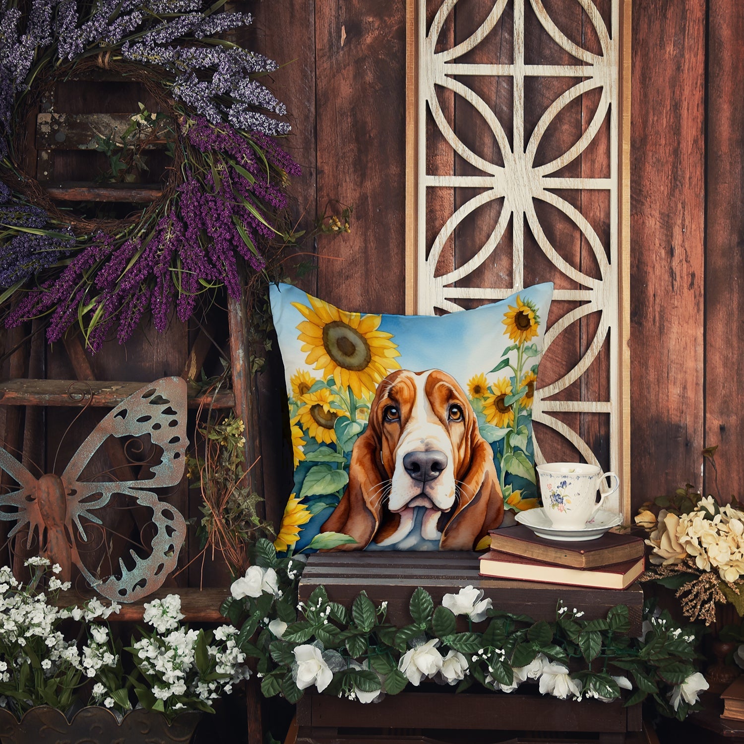 Basset Hound in Sunflowers Decorative Throw Pillow 18x18 Indoor Outdoor Accent Cushion, Fabric Cover with Insert for Sofa, Bed, Porch & Living Room