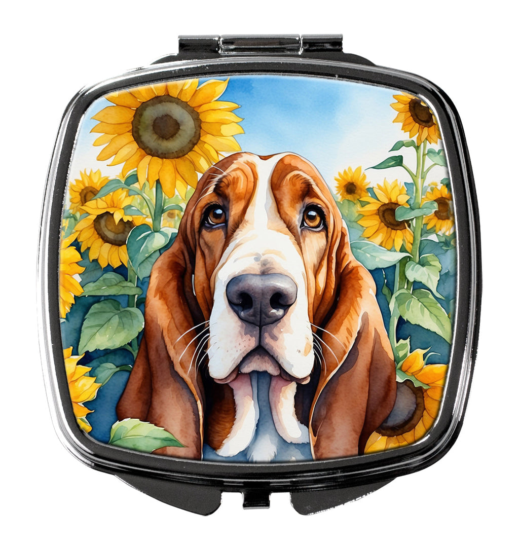 Basset Hound in Sunflowers Compact Mirror Decorative Travel Makeup Mirror for Women Girls Gifts Pocket Makeup Mirror Folding Handheld