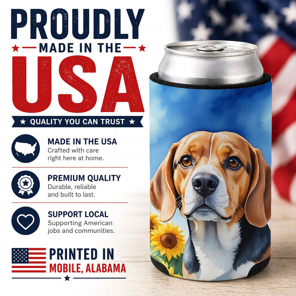 Beagle in Sunflowers Can or Bottle Hugger Cooler Sleeve for Standard 12 oz Cans, Insulated Foam Beer & Soda Can Hugger Reusable