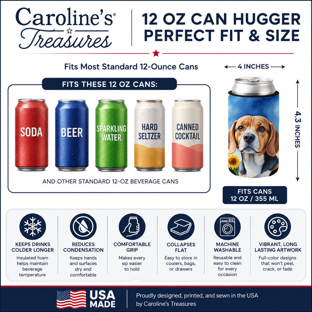 Beagle in Sunflowers Can or Bottle Hugger Cooler Sleeve for Standard 12 oz Cans, Insulated Foam Beer & Soda Can Hugger Reusable