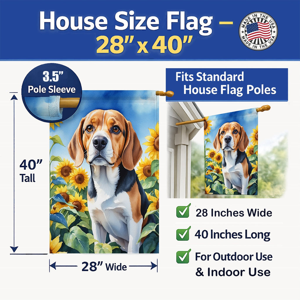Beagle in Sunflowers House Flag 28x40 Porch Sleeve Pole Decorative Outside Yard Banner Artwork Wall Hanging, Polyester
