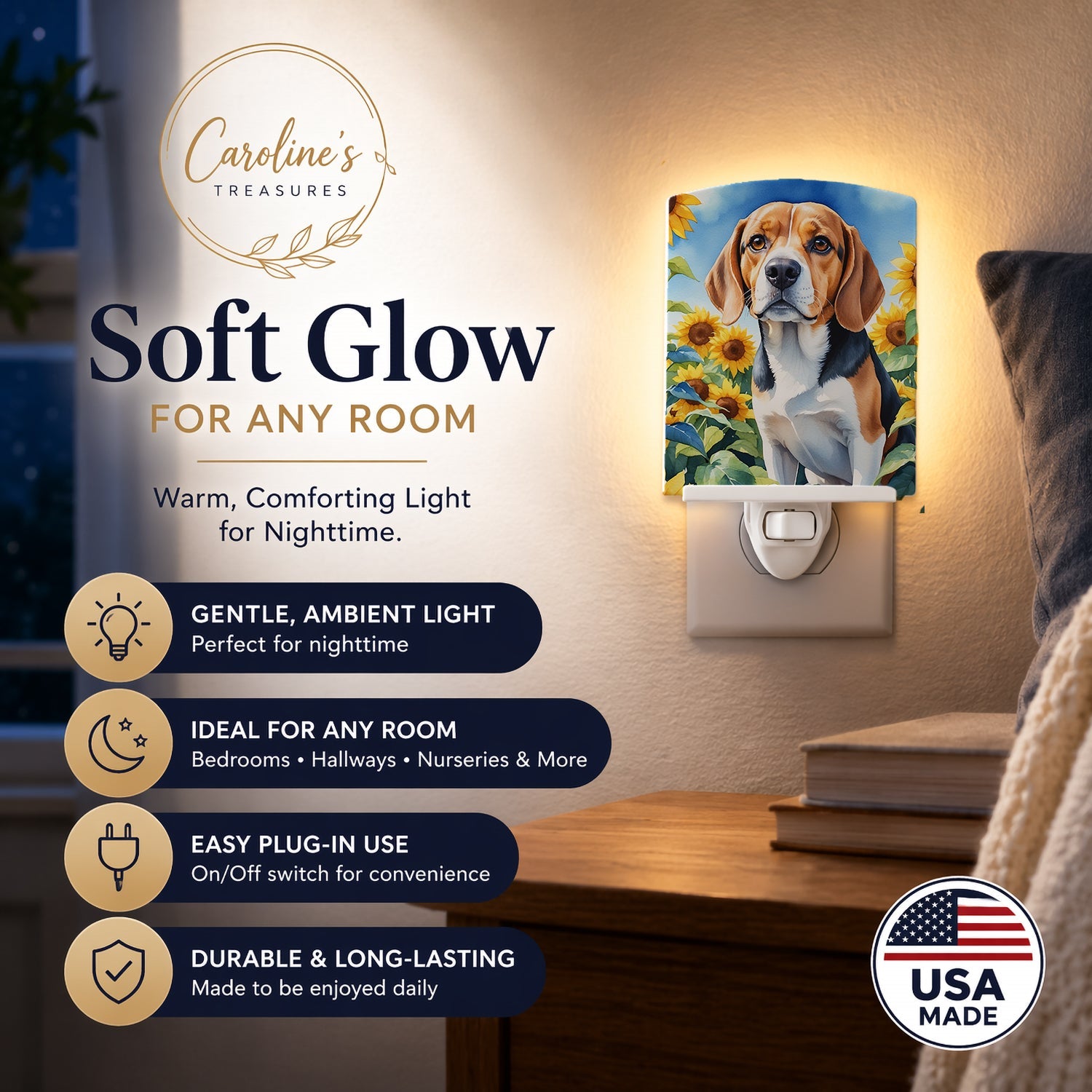 Beagle in Sunflowers Ceramic Night Light Compact, UL-Certified, Ideal for Bedroom, Bathroom, Nursery, Hallway, Kitchen, 6x4x3, Multicolor