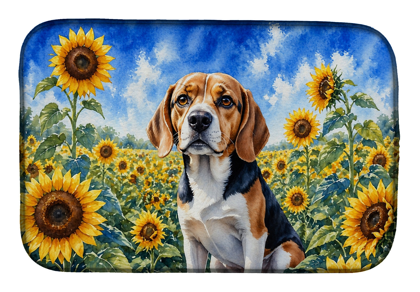 Beagle in Sunflowers Dish Drying Mat Absorbent Dish Drying Mat Pad for Kitchen Counter Dish Drainer Mat for Countertop, 14 x 21", Multicolor