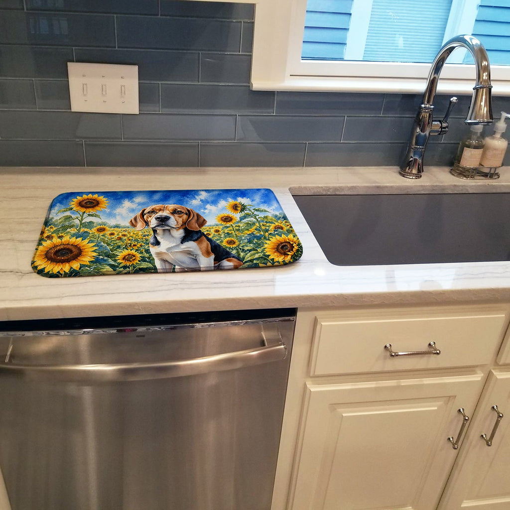 Beagle in Sunflowers Dish Drying Mat Absorbent Dish Drying Mat Pad for Kitchen Counter Dish Drainer Mat for Countertop, 14 x 21", Multicolor