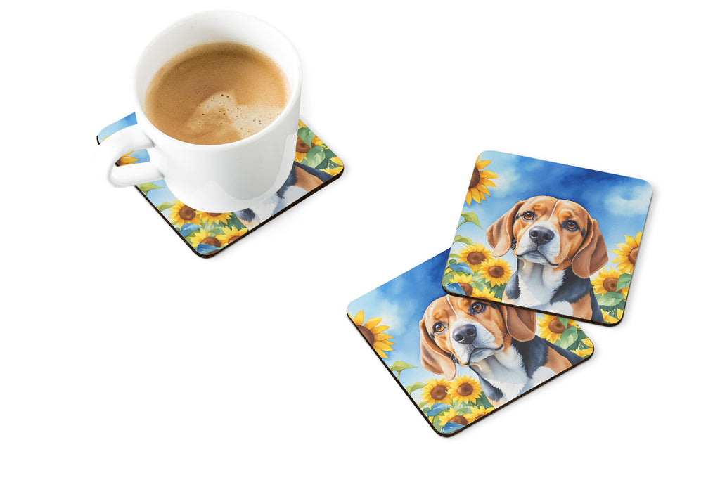 Beagle in Sunflowers Foam Coasters Set of 4 Cup Coasters for Indoor Outdoor, Tabletop Protection, Anti Slip, Mouse pad Material