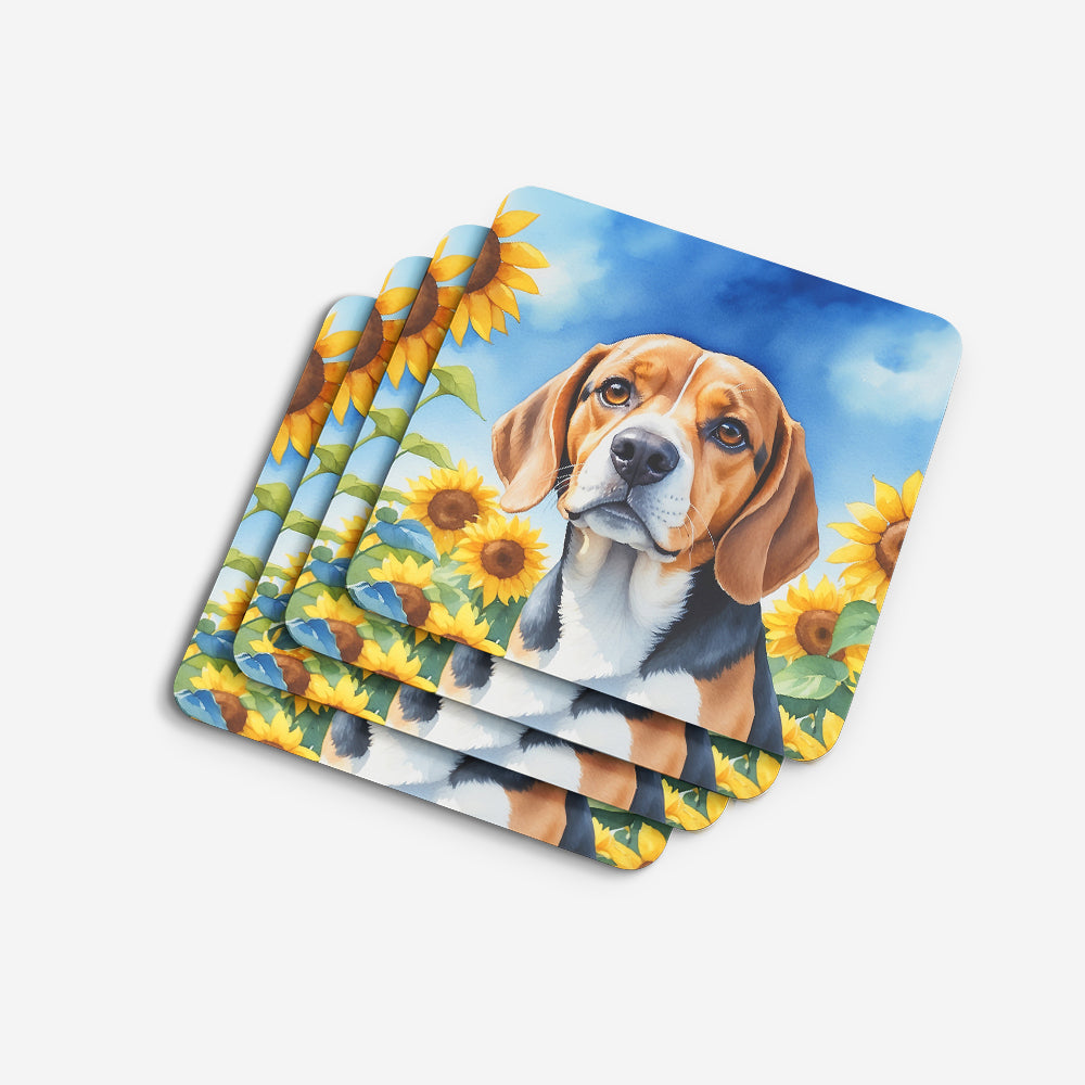 Beagle in Sunflowers Foam Coasters Set of 4 Cup Coasters for Indoor Outdoor, Tabletop Protection, Anti Slip, Mouse pad Material
