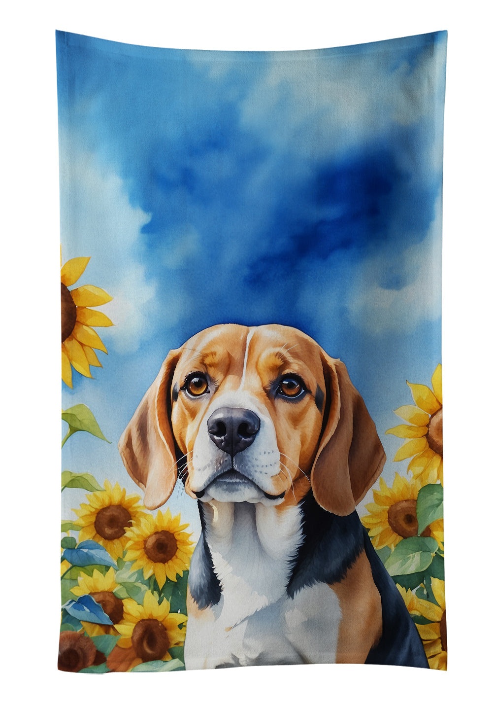 Beagle in Sunflowers Kitchen Towel Velour Plush Front and Cotton Loop Back Machine Washable