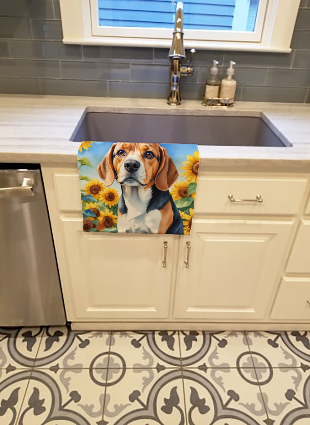Beagle in Sunflowers Kitchen Towel Velour Plush Front and Cotton Loop Back Machine Washable