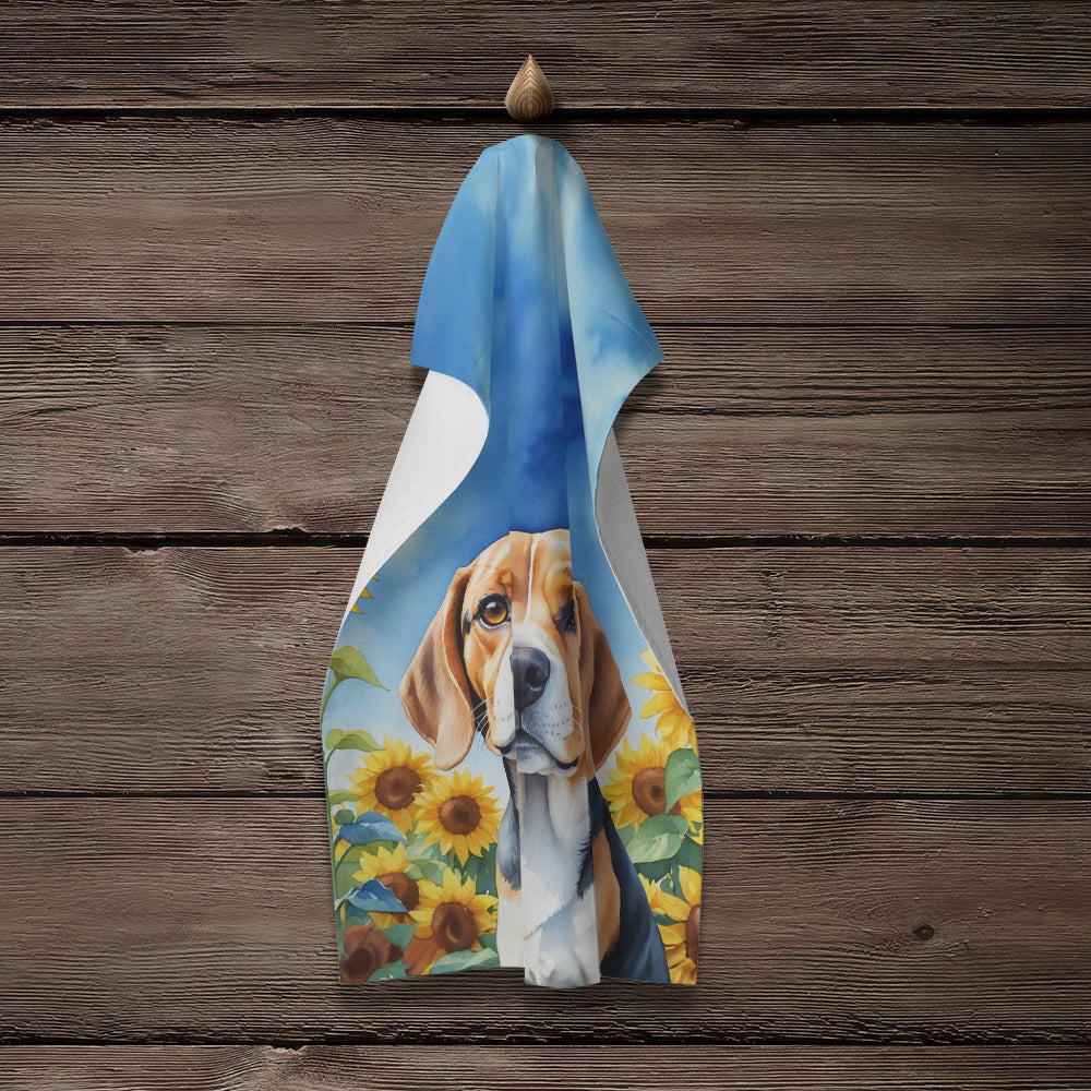 Beagle in Sunflowers Kitchen Towel Velour Plush Front and Cotton Loop Back Machine Washable