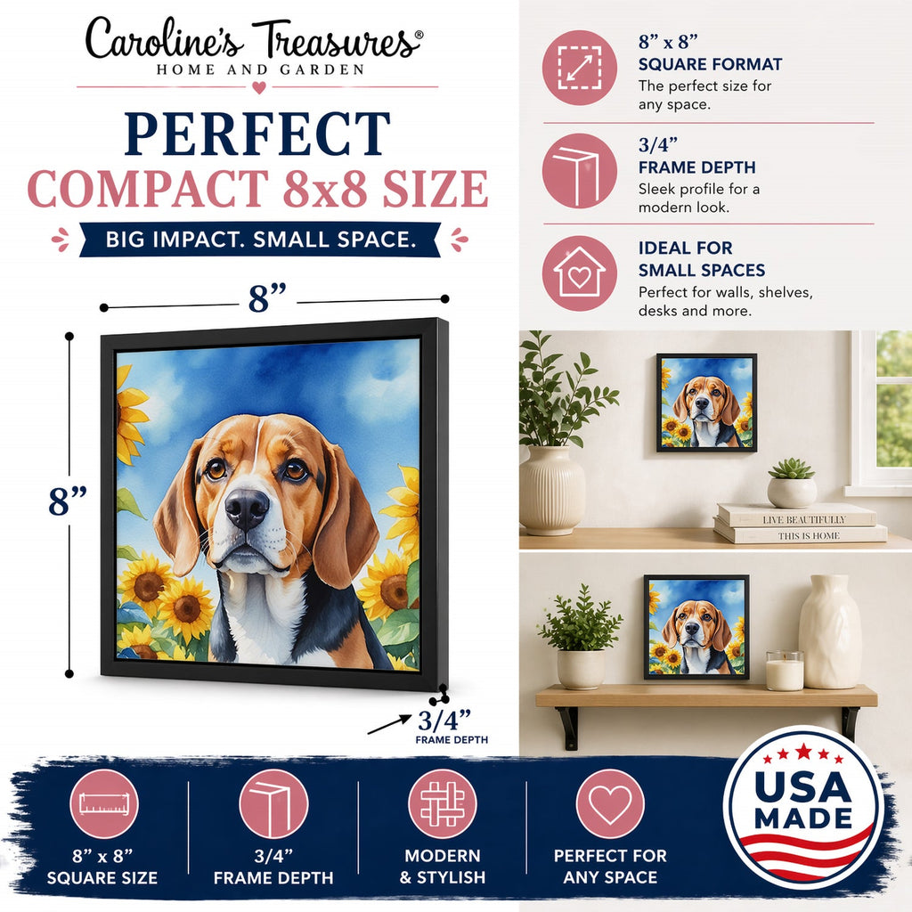 Beagle in Sunflowers Framed Metal Print Bathroom, Kitchen, Office, Home Decor Wall Art Ready to Hang, Square, 8X8
