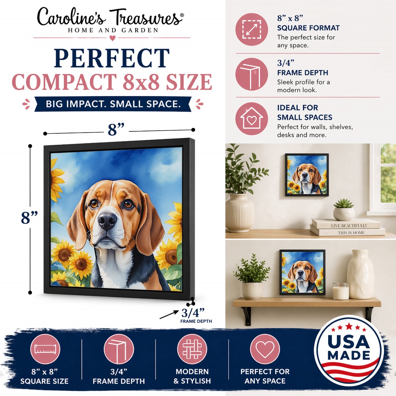 Beagle in Sunflowers Framed Metal Print Bathroom, Kitchen, Office, Home Decor Wall Art Ready to Hang, Square, 8X8