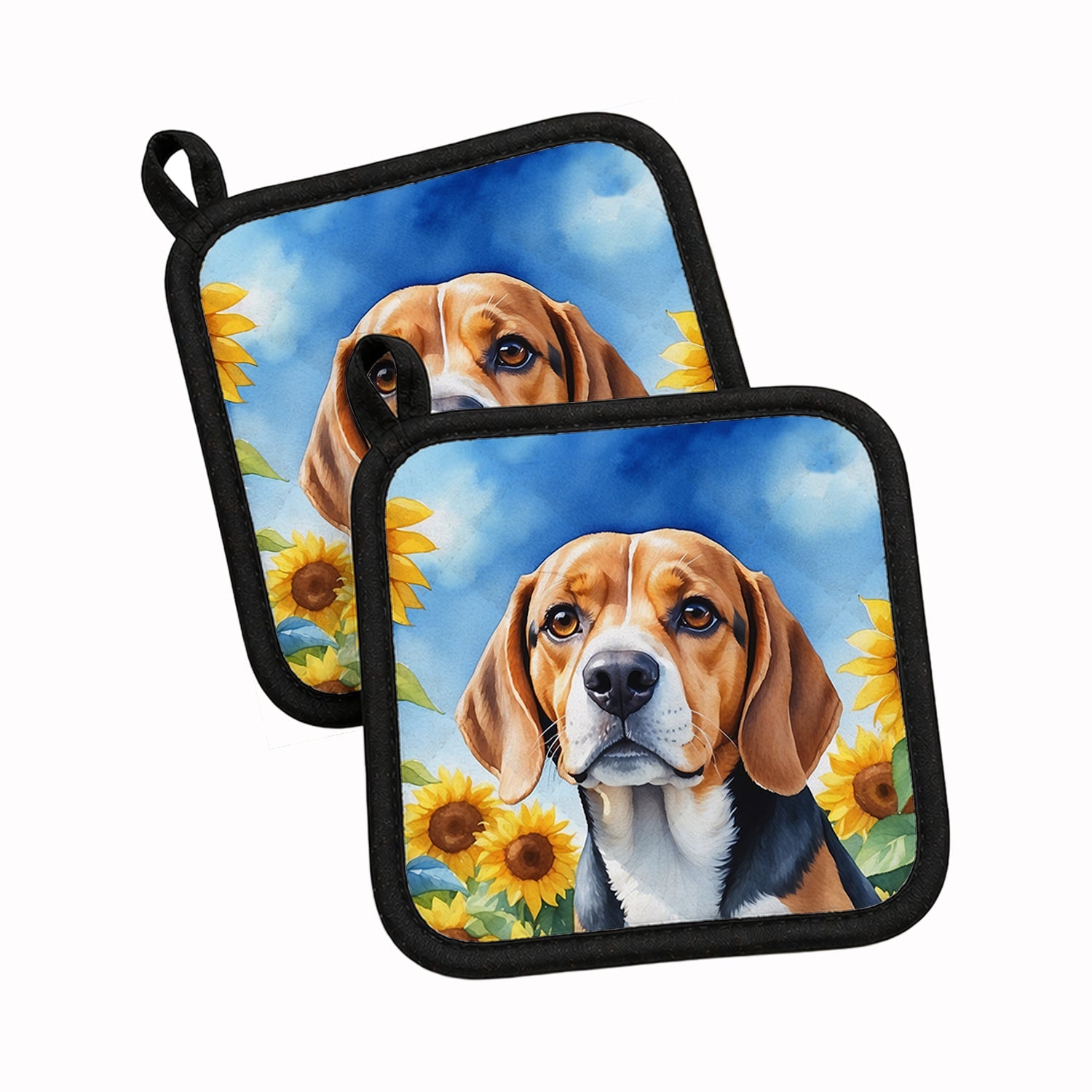 Beagle in Sunflowers Pot Holder Set of 2 Heat Resistant Quilted Hot Pads 7.5 x 7.5 Inch, Insulated Kitchen Trivets for Cooking & Baking